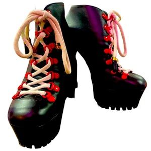 Women’s Black Platform Lace-Up High Heel Boot with Red Accents